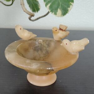 Alabaster & Onyx Bird Bath Hand Carved Stone Vintage Orange Yellow Dish